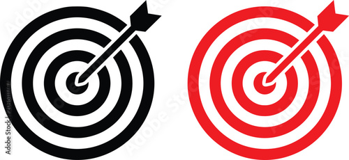 Target board with arrow in bullseye goal icon set vector flat illustration black red silhouette isolated on white background