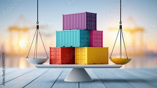 Trade balance concept with cargo container stack on scale, import export logistics and shipping cost