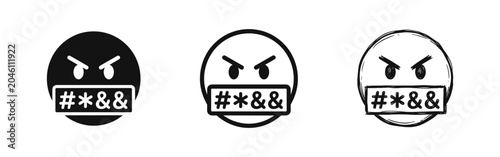 Bild auf Leinwand Angry swearing emoji icon with censored mouth symbols in three styles
