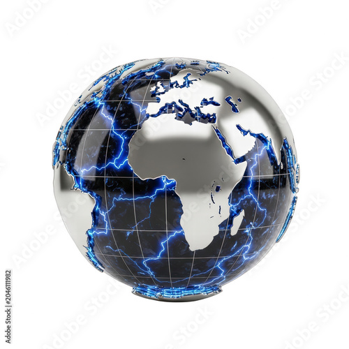 3D Earth globe with blue lightning on black background