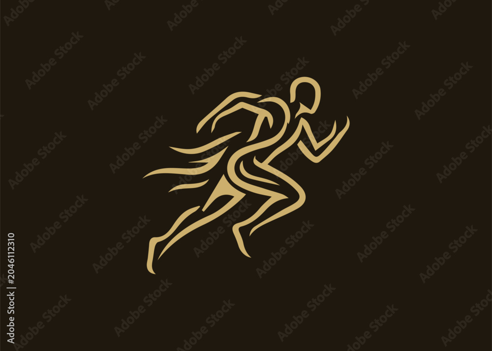 Fototapeta premium Running Man Logo Vector Dark Background Gold Athlete Speed Brand Design