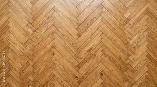 A close-up shot of a herringbone parquet wood floor. The floor features a rich, warm brown color with distinct wood grain patterns.