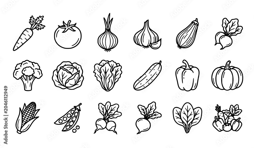 Fototapeta premium Black and White Vegetable Icons Featuring Carrots Tomatoes Broccoli and Garden Produce