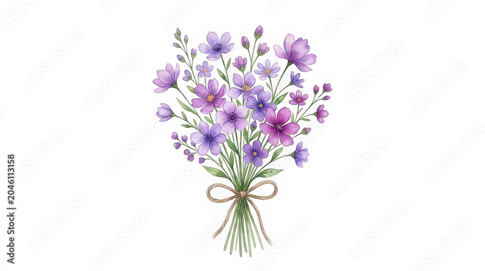 Obraz premium Watercolor painting of a delicate bouquet of purple wildflowers tied with twine