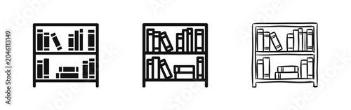 Fotografie Bookshelf and Library Icon Set in Solid Outline and Hand Drawn Styles for Educat