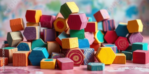 A colorful collection of hexagonal and square wooden blocks arranged in a haphazard pile.