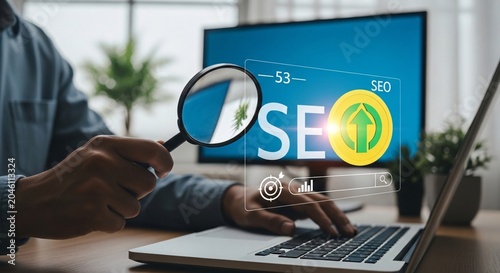 Business person analyzing search engine optimization data on laptop screen with magnifying glass for digital marketing and SEO strategies in office setting