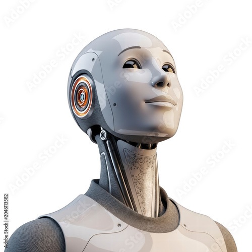 Close up of a humanoid robot head and shoulders