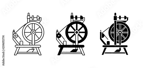 Bild auf Leinwand Spinning Wheel Icons, Textile Craft Machine Vector Graphics, Vintage Wool Spinni