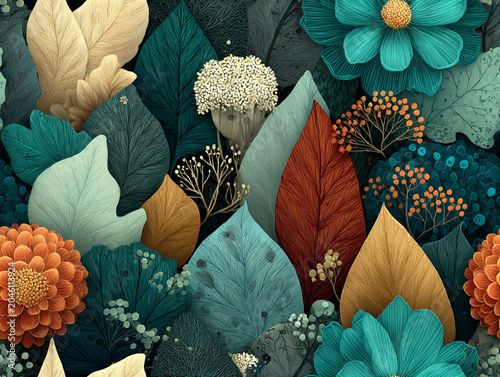 A vibrant, seamless repeating boho pattern featuring retro groovy fall leaves and stamped flowers in reds, turquoise, golden tones, and soft pinks with crisp white borders.