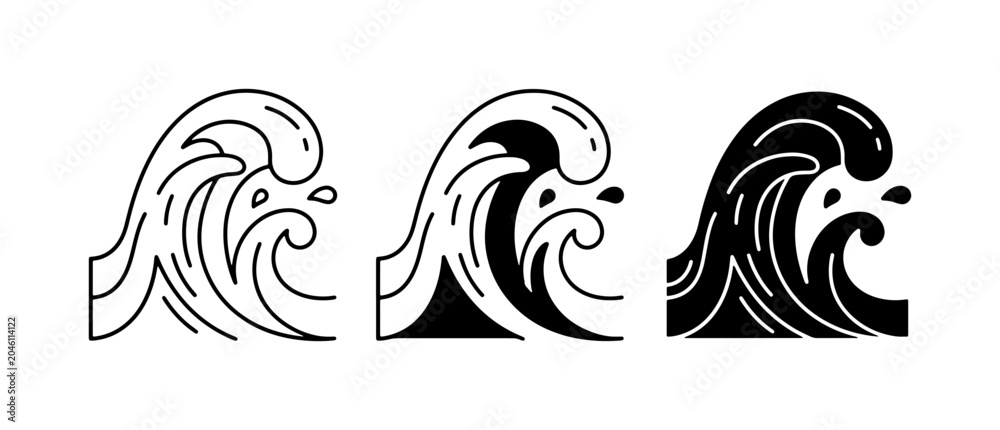 Fototapeta premium Stylized Ocean Waves, Water Splash Icons, Set of 3 Marine Vector Graphics