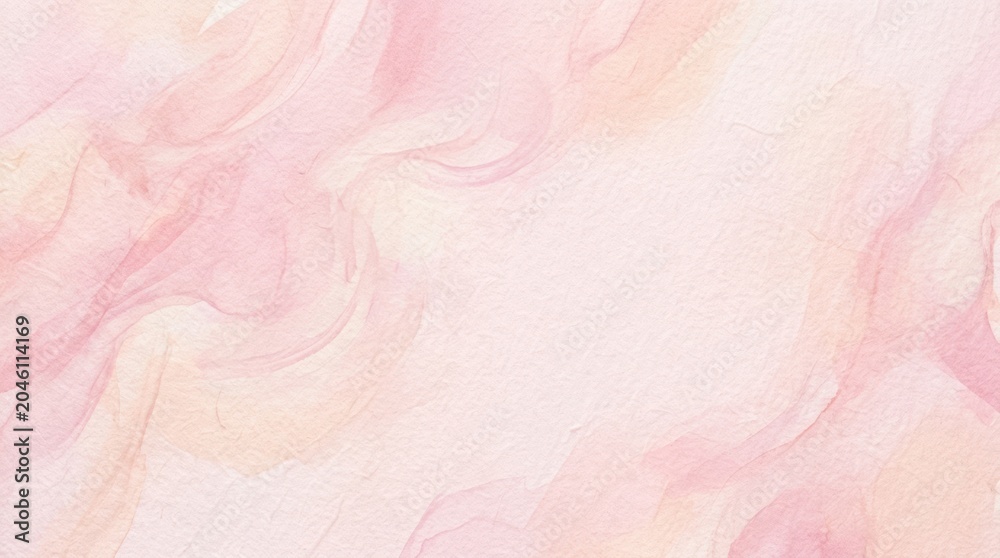Fototapeta premium A watercolor background displays a soft, flowing pattern of pink and peach hues. The colors blend and swirl together, creating an abstract and artistic effect.