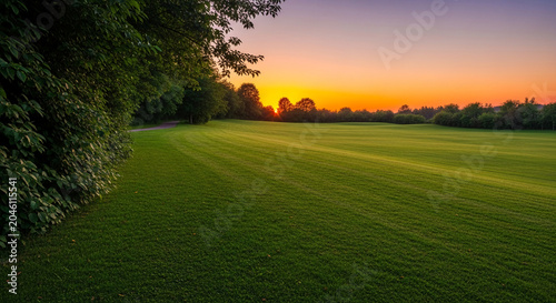 Vibrant green field bathed in a warm sunset glow, with trees silhouetted against the orange sky, symbolizing nature, peace, and tranquility