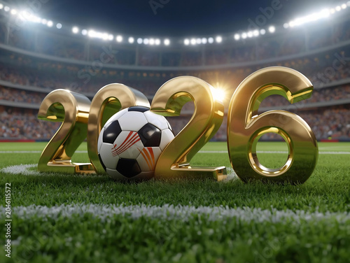 Soccer Ball on Stadium Field with 2026 Gold Numbers