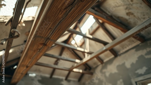 Wooden beams and rafters in a dilapidated attic space with daylight shining through damaged roof