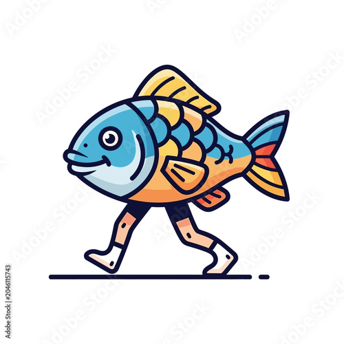 Colorful cartoon fish walking with human legs on white background