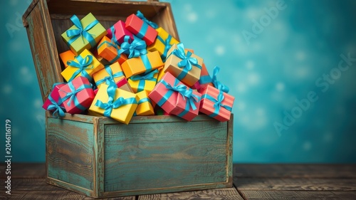 A Treasure Chest Overflowing with Colorful Gift Boxes Tied with Blue Ribbons