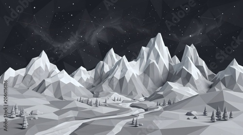 Abstract Low Poly Winter Mountain Landscape with Stars.