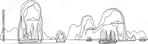 Obraz na plátně Ha Long Bay Vietnam Continuous One Line Drawing Vector Illustration with Limesto