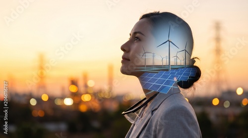 Professional woman looking at renewable energy future with wind turbines and solar panels superimposed over her silhouette