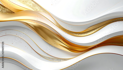 Elegant flowing white and gold abstract background with sparkling glitter accents, luxury texture, dynamic curves