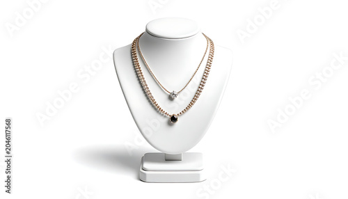 Elegant gold and diamond necklaces displayed on a white jewelry bust, showcasing luxury and fine craftsmanship, perfect for retail or fashion websites