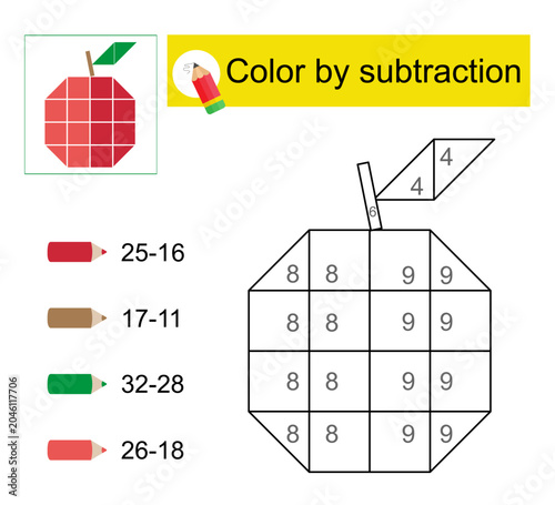 Coloring pages. Color by subtraction. Illustration for children education. Red apple.