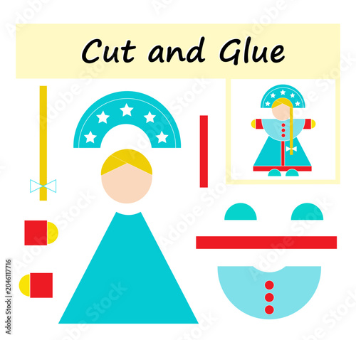 Make a paper character. Educational paper game for children. Cut parts of the image and glue on the paper. DIY worksheet.