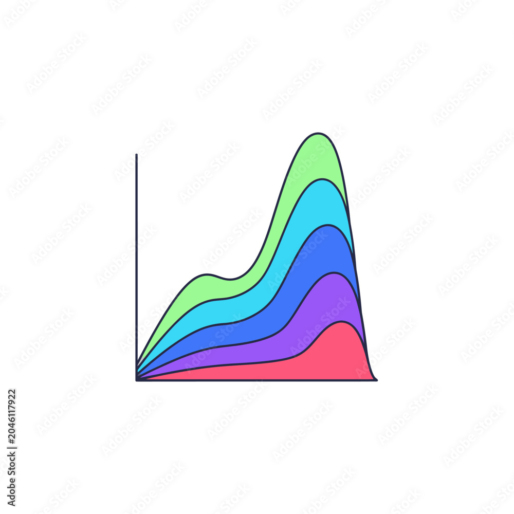 Fototapeta premium Colorful wavy stacked area chart graph on white background