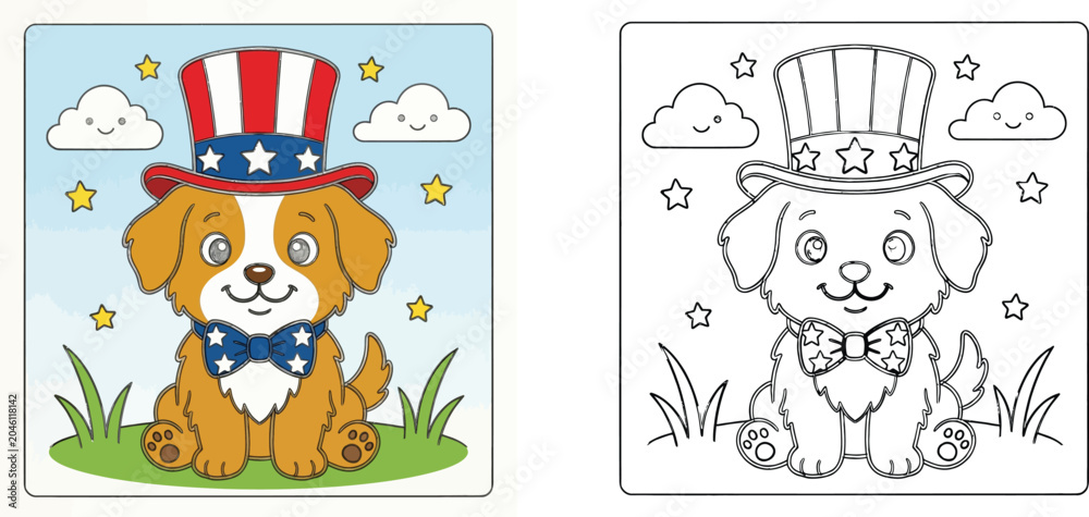 Fototapeta premium Patriotic dog coloring page for kids with colored reference, cute puppy in Uncle Sam hat and bow tie, Fourth of July American independence day illustration