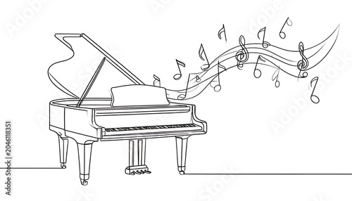 Elegant grand piano with flowing musical notes, line art, monochrome, conveying melody and performance