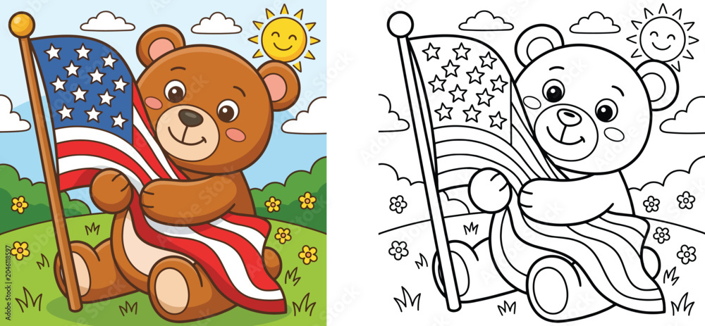 Fototapeta premium Cute teddy bear holding American flag coloring book page for kids, vector illustration with colored template and black and white outline