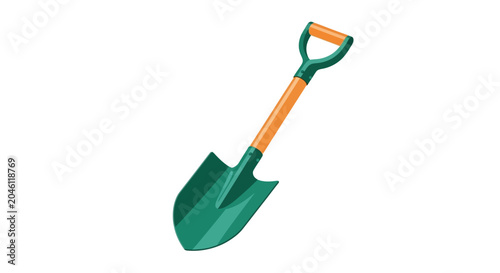 Green garden shovel with orange handle.