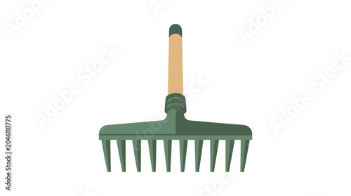 Quadro em tela Green garden rake with wooden handle.