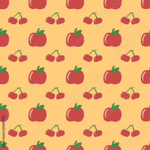 Cute Red Apple and Cherry Seamless Pattern on Yellow Background
