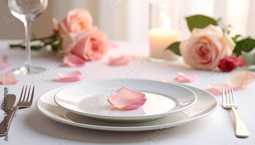 Elegant table setting with pink roses, rose petals, and a lit candle, prepared for a romantic dinner or special occasion