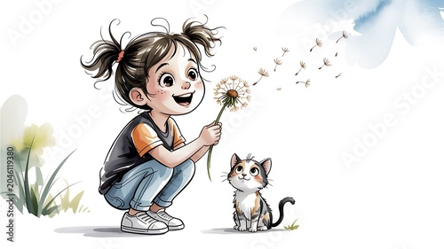 Smiling little girl with pigtails holds a fluffy dandelion with seeds floating next to a kitten