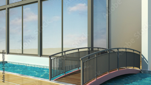 Εκτύπωση καμβά Modern curved pedestrian bridge crossing an indoor pool with contemporary archit