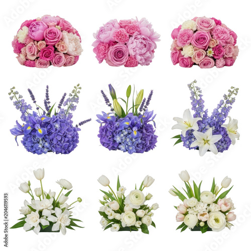 vibrant floral bouquets and single flowers isolated on transparent background