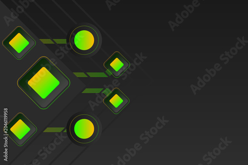 Futuristic technology background featuring glowing neon green geometric shapes, circles, and diamond icons on a dark metallic grey backdrop