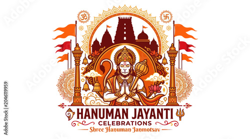 Fotografie Hanuman Jayanti Celebrations: Lord Hanuman with Temple and Flags, Indian Culture