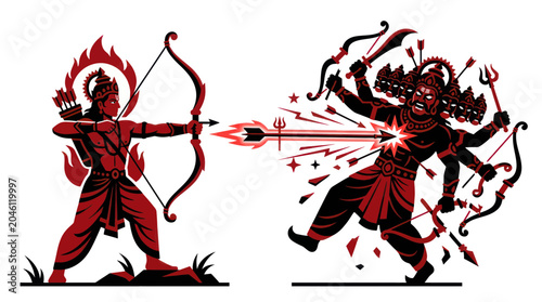 Картината върху платно Ram fighting Ravana with bow and arrow, mythological battle illustration