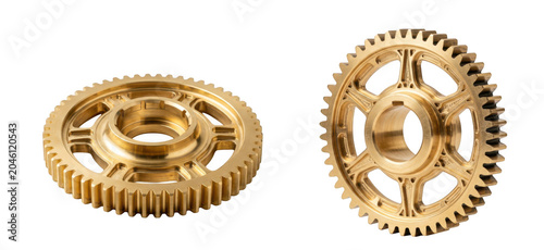 Two brass industrial gears isolated on transparent background