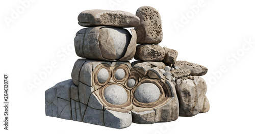 3D Render of Spheroidal Weathering in a Tor Granite Boulder Stack, suitable for science education, isolated on white background.