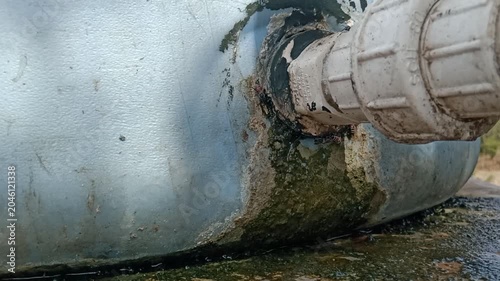Honey bee drinking from a leaking agricultural water tank valve with failed sealant repair, Leaking Water Tank Joint with Rusty Corrosion and Algae Buildup