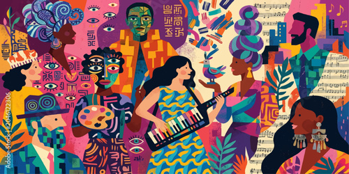 Diverse Creative Arts Community Illustration Featuring Musicians Painters Writers and Cultural Expression in Vibrant Contemporary Abstract Style