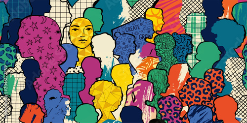 Diverse Human Silhouettes and Identity Concept Illustration Representing Multicultural Society Inclusion Diversity and Social Connection in Contemporary Abstract Art Style