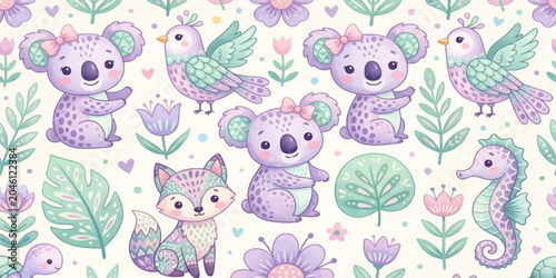 Photography Cute Pastel Woodland and Ocean Animals Seamless Pattern Featuring Koala Fox Bird