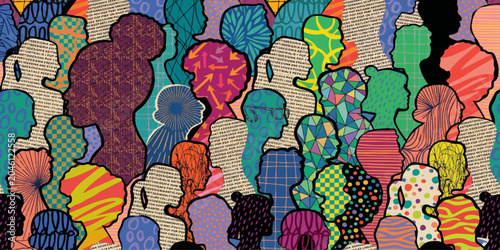 Abstract Diversity and Multicultural Society Illustration Featuring Colorful Human Silhouettes, Identity, Inclusion, Representation and Social Unity in Contemporary Art Style