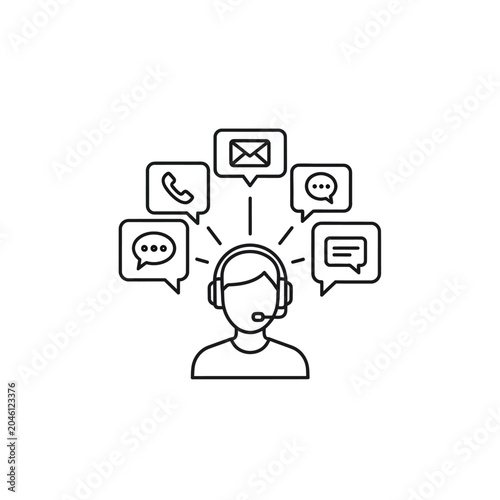 Customer support representative with communication icons line art.